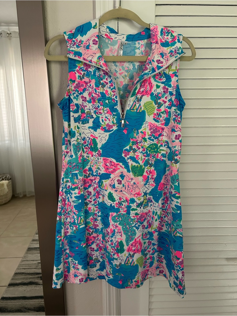 Lulu-B Bright Teal & Pink Floral Sleeveless Zip-Front Dress
